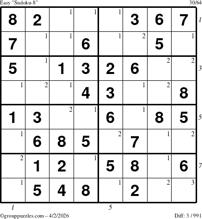 The grouppuzzles.com Easy Sudoku-8 puzzle for Thursday April 2, 2026 with all 3 steps marked