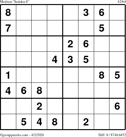 The grouppuzzles.com Medium Sudoku-8 puzzle for Thursday April 2, 2026