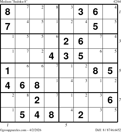 The grouppuzzles.com Medium Sudoku-8 puzzle for Thursday April 2, 2026 with all 8 steps marked