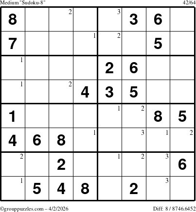 The grouppuzzles.com Medium Sudoku-8 puzzle for Thursday April 2, 2026 with the first 3 steps marked