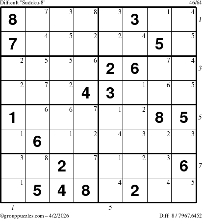 The grouppuzzles.com Difficult Sudoku-8 puzzle for Thursday April 2, 2026 with all 8 steps marked