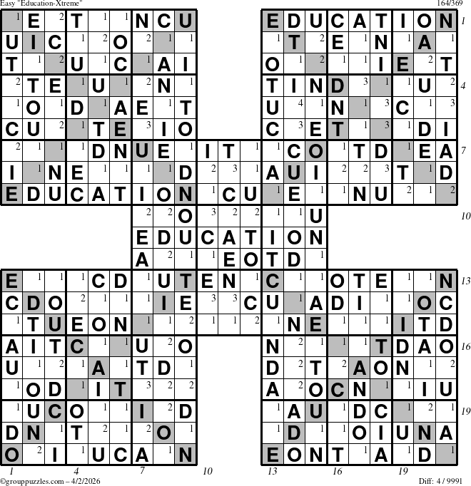 The grouppuzzles.com Easy Education-Xtreme puzzle for Thursday April 2, 2026 with all 4 steps marked