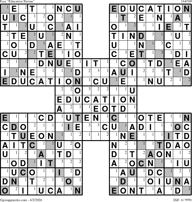 The grouppuzzles.com Easy Education-Xtreme puzzle for Thursday April 2, 2026 with the first 3 steps marked