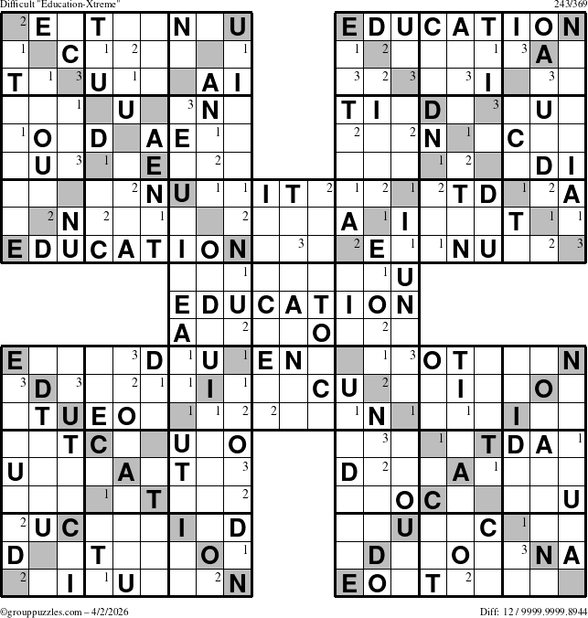 The grouppuzzles.com Difficult Education-Xtreme puzzle for Thursday April 2, 2026 with the first 3 steps marked