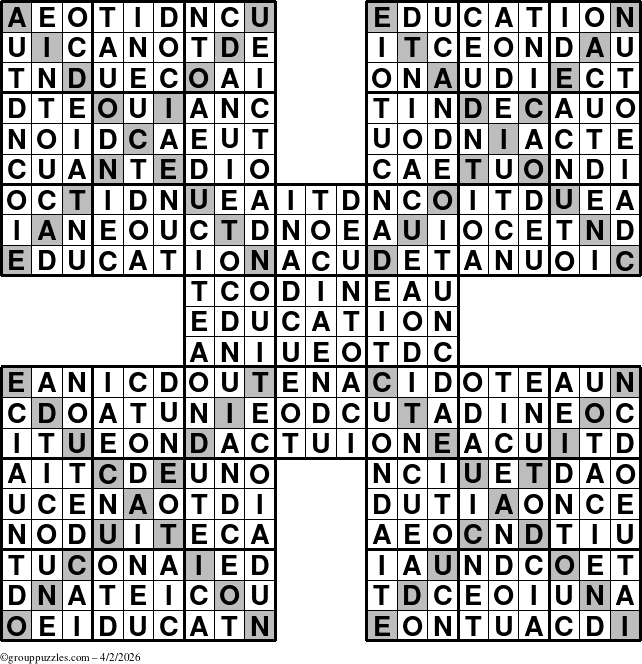 The grouppuzzles.com Answer grid for the Education-Xtreme puzzle for Thursday April 2, 2026