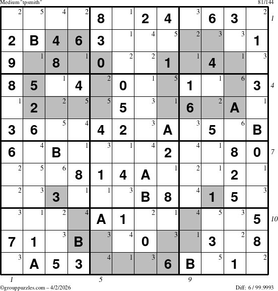 The grouppuzzles.com Medium tpsmith puzzle for Thursday April 2, 2026 with all 6 steps marked