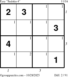 The grouppuzzles.com Easy Sudoku-4 puzzle for Tuesday October 28, 2025 with all 2 steps marked
