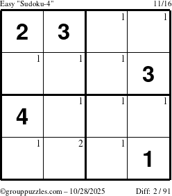 The grouppuzzles.com Easy Sudoku-4 puzzle for Tuesday October 28, 2025 with the first 2 steps marked