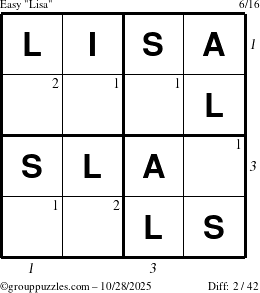 The grouppuzzles.com Easy Lisa puzzle for Tuesday October 28, 2025, suitable for printing, with all 2 steps marked