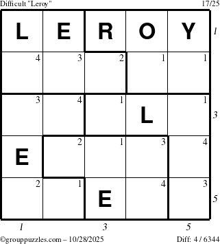 The grouppuzzles.com Difficult Leroy puzzle for Tuesday October 28, 2025, suitable for printing, with all 4 steps marked