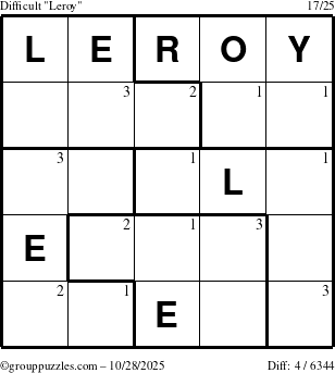 The grouppuzzles.com Difficult Leroy puzzle for Tuesday October 28, 2025 with the first 3 steps marked
