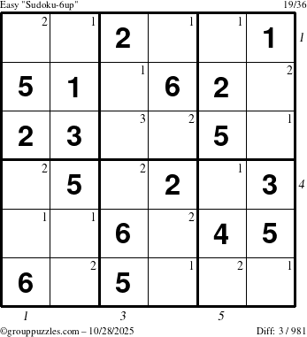 The grouppuzzles.com Easy Sudoku-6up puzzle for Tuesday October 28, 2025 with all 3 steps marked