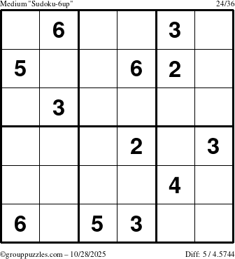 The grouppuzzles.com Medium Sudoku-6up puzzle for Tuesday October 28, 2025