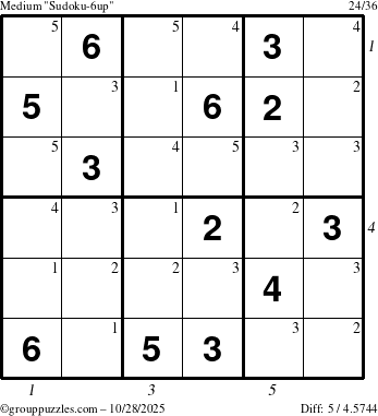 The grouppuzzles.com Medium Sudoku-6up puzzle for Tuesday October 28, 2025 with all 5 steps marked