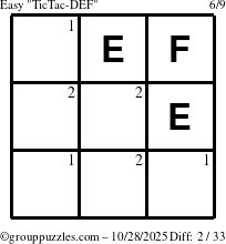 The grouppuzzles.com Easy TicTac-DEF puzzle for Tuesday October 28, 2025 with the first 2 steps marked