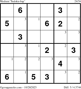 The grouppuzzles.com Medium Sudoku-6up puzzle for Tuesday October 28, 2025 with the first 3 steps marked