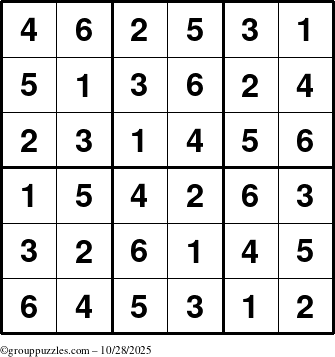 The grouppuzzles.com Answer grid for the Sudoku-6up puzzle for Tuesday October 28, 2025