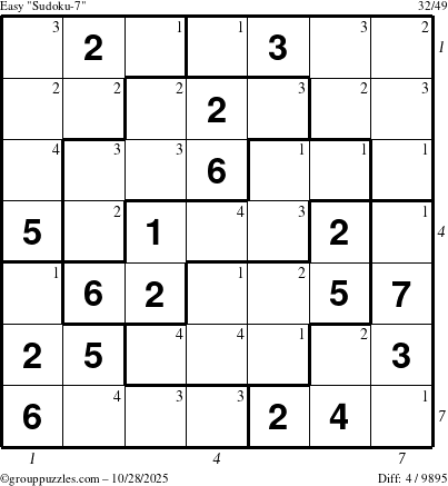 The grouppuzzles.com Easy Sudoku-7 puzzle for Tuesday October 28, 2025 with all 4 steps marked