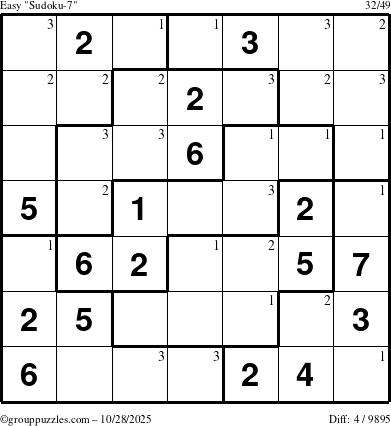 The grouppuzzles.com Easy Sudoku-7 puzzle for Tuesday October 28, 2025 with the first 3 steps marked