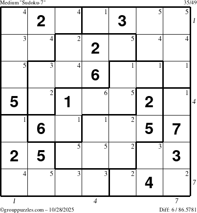 The grouppuzzles.com Medium Sudoku-7 puzzle for Tuesday October 28, 2025, suitable for printing, with all 6 steps marked
