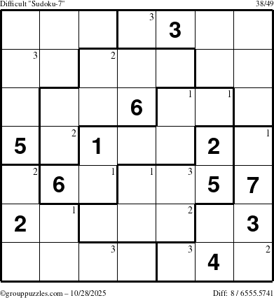 The grouppuzzles.com Difficult Sudoku-7 puzzle for Tuesday October 28, 2025 with the first 3 steps marked