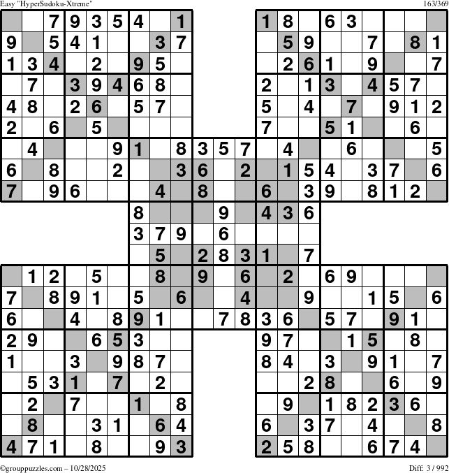 The grouppuzzles.com Easy HyperSudoku-Xtreme puzzle for Tuesday October 28, 2025