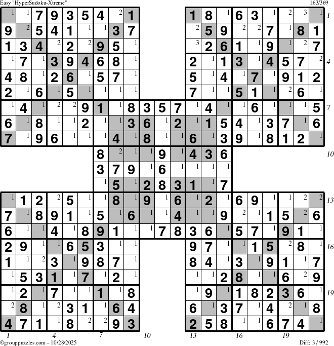 The grouppuzzles.com Easy HyperSudoku-Xtreme puzzle for Tuesday October 28, 2025 with all 3 steps marked