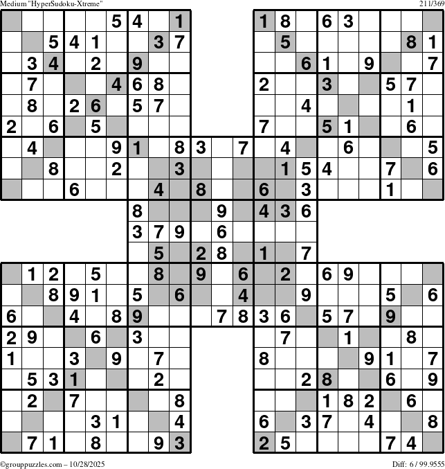 The grouppuzzles.com Medium HyperSudoku-Xtreme puzzle for Tuesday October 28, 2025