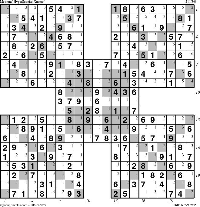 The grouppuzzles.com Medium HyperSudoku-Xtreme puzzle for Tuesday October 28, 2025 with all 6 steps marked