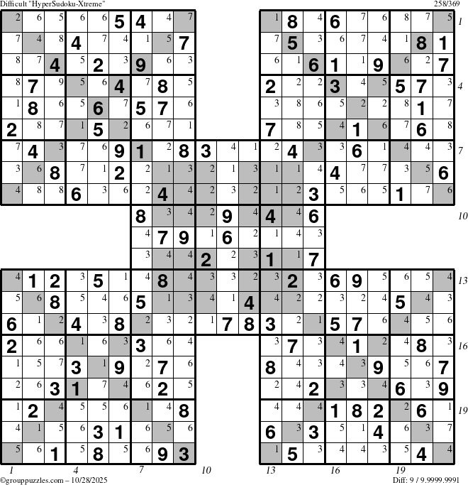 The grouppuzzles.com Difficult HyperSudoku-Xtreme puzzle for Tuesday October 28, 2025 with all 9 steps marked