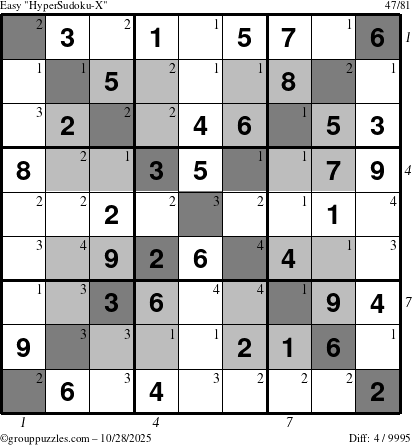 The grouppuzzles.com Easy HyperSudoku-X puzzle for Tuesday October 28, 2025, suitable for printing, with all 4 steps marked