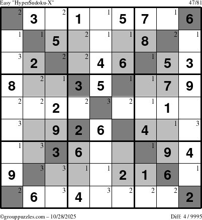 The grouppuzzles.com Easy HyperSudoku-X puzzle for Tuesday October 28, 2025 with the first 3 steps marked
