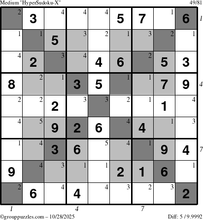 The grouppuzzles.com Medium HyperSudoku-X puzzle for Tuesday October 28, 2025 with all 5 steps marked