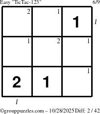 The grouppuzzles.com Easy TicTac-123 puzzle for Tuesday October 28, 2025, suitable for printing, with all 2 steps marked