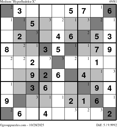 The grouppuzzles.com Medium HyperSudoku-X puzzle for Tuesday October 28, 2025 with the first 3 steps marked
