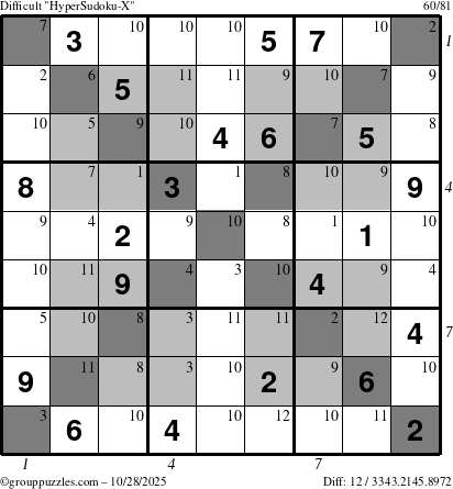 The grouppuzzles.com Difficult HyperSudoku-X puzzle for Tuesday October 28, 2025 with all 12 steps marked