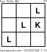 The grouppuzzles.com Easy TicTac-JKL puzzle for Sunday October 5, 2025