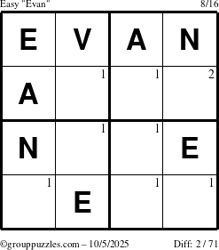 The grouppuzzles.com Easy Evan puzzle for Sunday October 5, 2025 with the first 2 steps marked