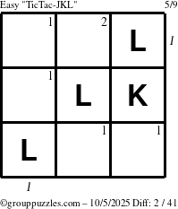 The grouppuzzles.com Easy TicTac-JKL puzzle for Sunday October 5, 2025 with all 2 steps marked