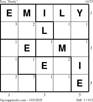 The grouppuzzles.com Easy Emily puzzle for Sunday October 5, 2025 with all 3 steps marked