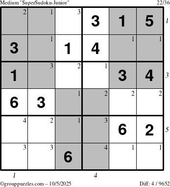 The grouppuzzles.com Medium SuperSudoku-Junior puzzle for Sunday October 5, 2025 with all 4 steps marked