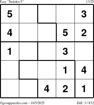 The grouppuzzles.com Easy Sudoku-5 puzzle for Sunday October 5, 2025