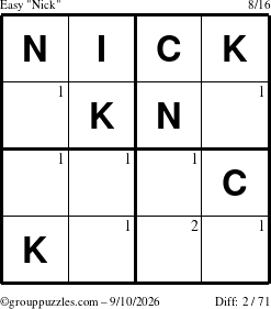 The grouppuzzles.com Easy Nick puzzle for Thursday September 10, 2026 with the first 2 steps marked