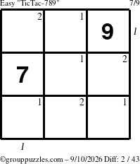 The grouppuzzles.com Easy TicTac-789 puzzle for Thursday September 10, 2026 with all 2 steps marked