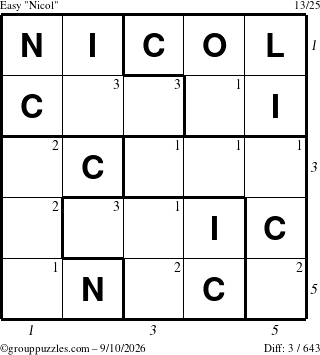 The grouppuzzles.com Easy Nicol puzzle for Thursday September 10, 2026 with all 3 steps marked