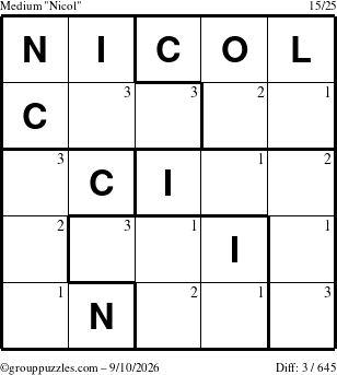 The grouppuzzles.com Medium Nicol puzzle for Thursday September 10, 2026 with the first 3 steps marked