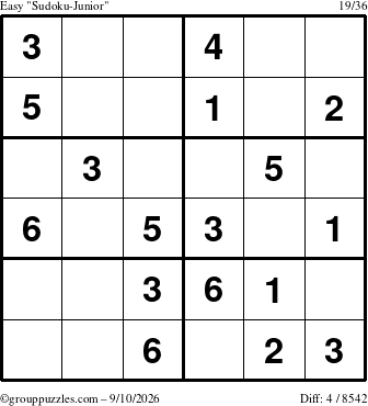 The grouppuzzles.com Easy Sudoku-Junior puzzle for Thursday September 10, 2026