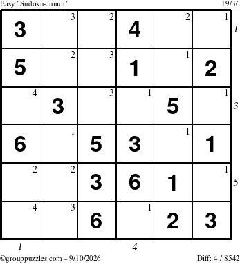The grouppuzzles.com Easy Sudoku-Junior puzzle for Thursday September 10, 2026, suitable for printing, with all 4 steps marked