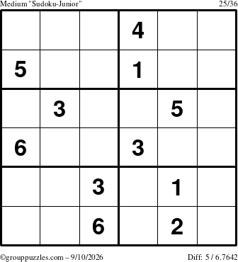 The grouppuzzles.com Medium Sudoku-Junior puzzle for Thursday September 10, 2026