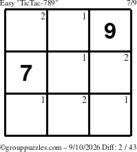 The grouppuzzles.com Easy TicTac-789 puzzle for Thursday September 10, 2026 with the first 2 steps marked